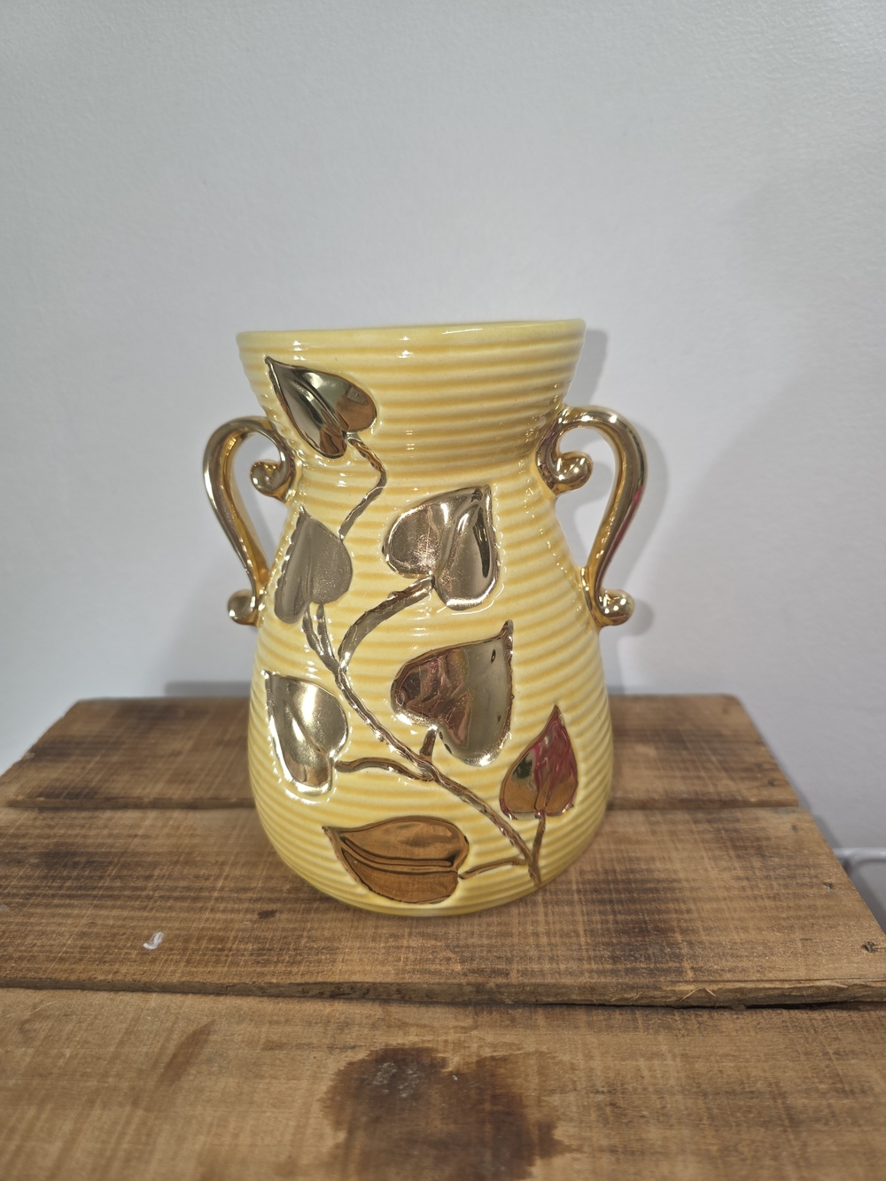 Shawnee Pottery USA #805 Yellow Ceramic Vase with Gold Leaf Accents